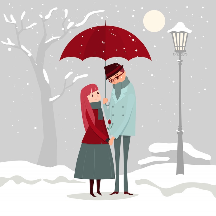 Vettore illustrazione di un uomo che dà i fiori al suo amante in una giornata invernale.