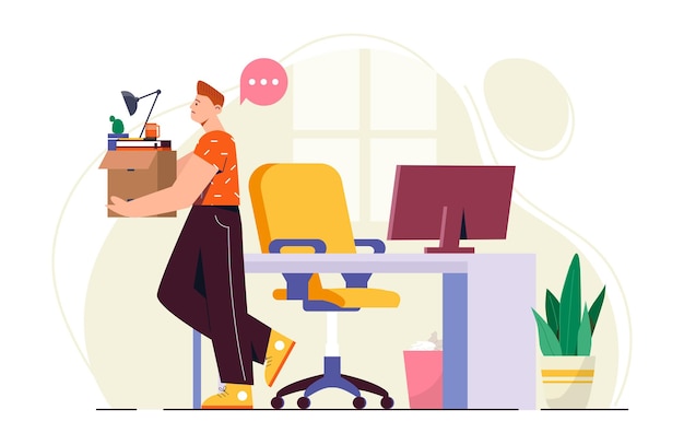 Illustrazione di un uomo che porta una scatola di articoli da ufficio vicino a una scrivania con un computer a sedia e una pianta