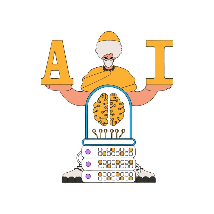 Vettore illustrazione di un uomo che tiene in mano le lettere a e i, incentrato sull'intelligenza artificiale.