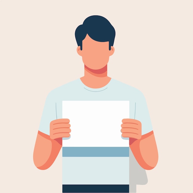 Illustrazione di un uomo che tiene un foglio bianco in uno stile di design piatto