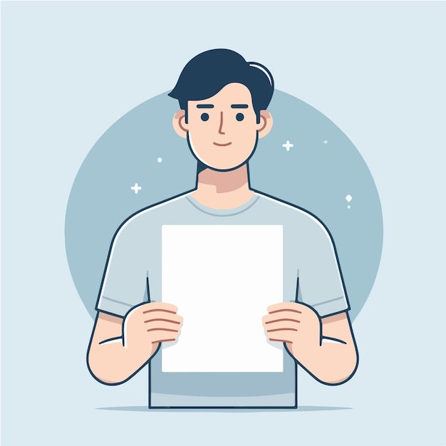 Illustrazione di un uomo che tiene un foglio bianco in uno stile di design piatto