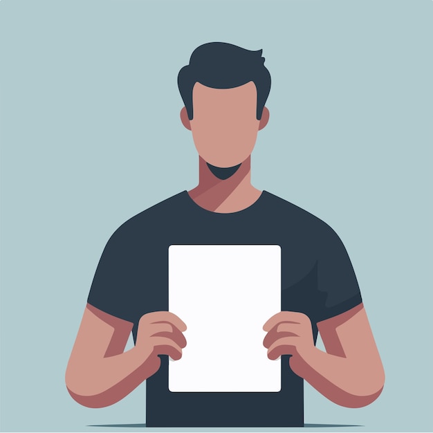Illustrazione di un uomo che tiene un foglio bianco in uno stile di design piatto