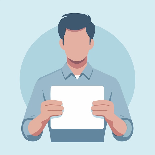 Illustrazione di un uomo che tiene un foglio bianco in uno stile di design piatto