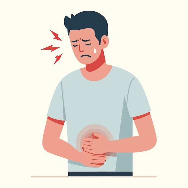 Illustrazione di un uomo con mal di stomaco in uno stile di design piatto