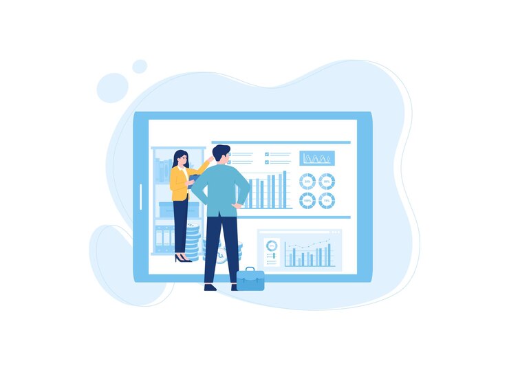 illustrazione di un uomo e di una donna che guardano l'illustrazione piatta del concetto di tendenza dello schermo di computer