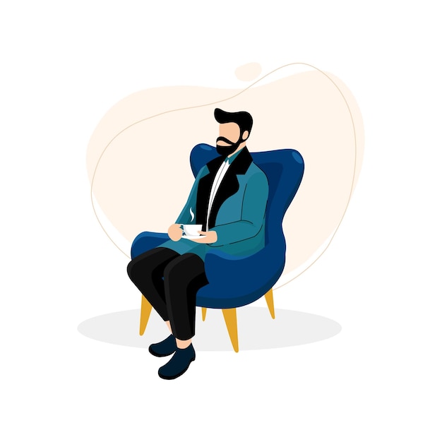 Illustrazione di un uomo elegante seduto su una sedia comoda con una tazza di caffè