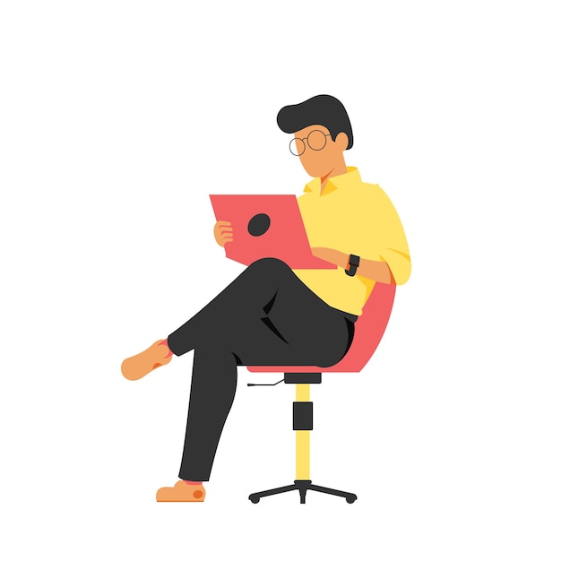 Illustrazione di un uomo seduto su una sedia e che utilizza un laptop Vettore di stile piatto per attività concettuali