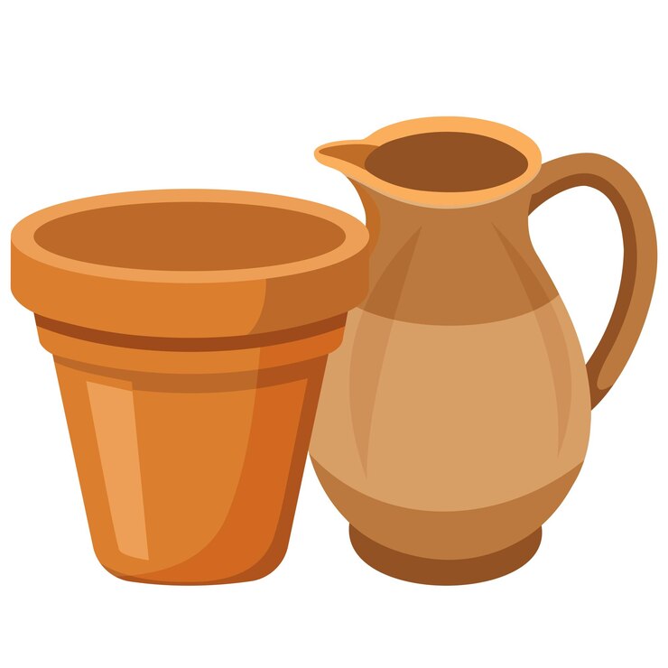 Vettore illustrazione di un vaso di fiori d'argilla e di una brocca