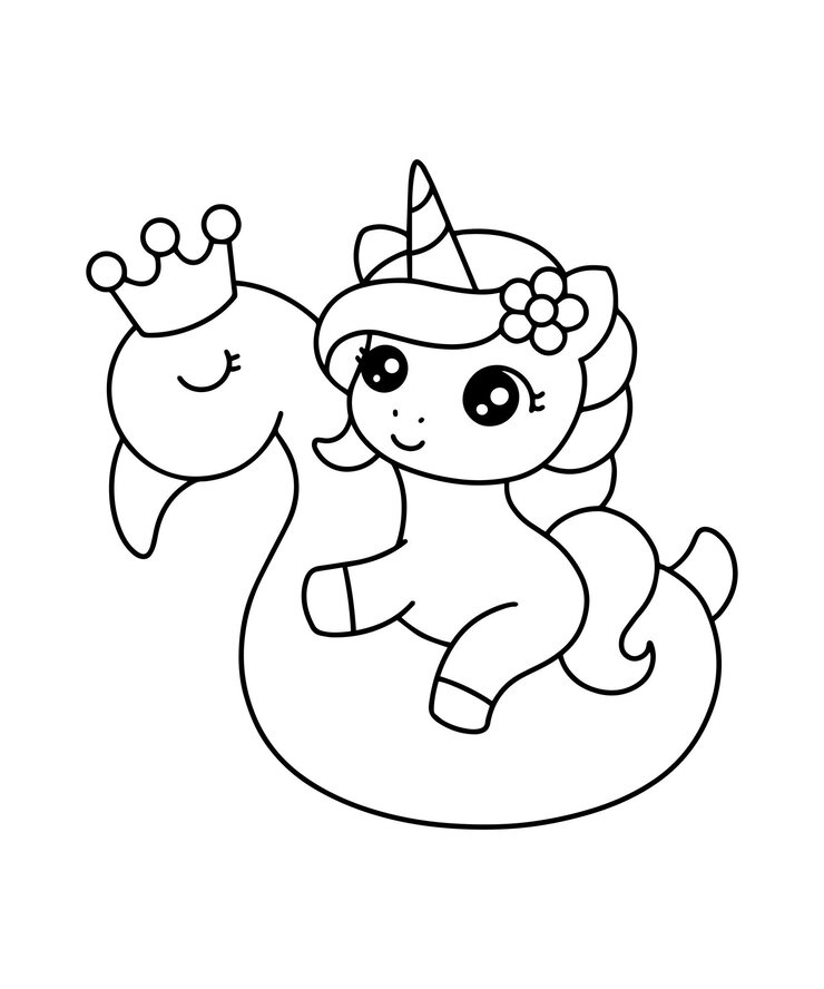 Vettore illustrazione di una bella unicorno che nuota con un fiamingo in piscina