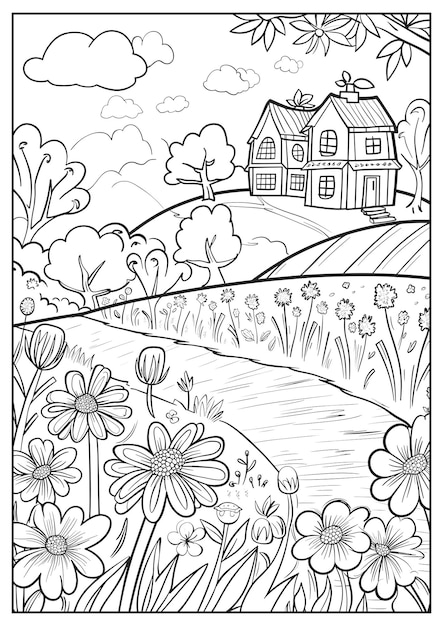 Illustrazione di una casa di campagna con un sentiero di giardino floreale da colorare