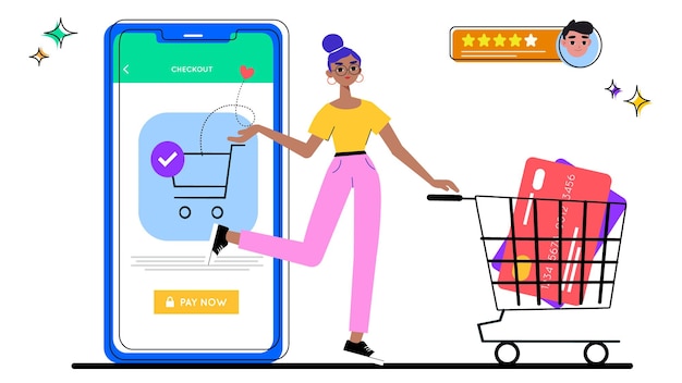 Illustrazione di una donna che fa il check-out online utilizzando un'app mobile con un carrello della spesa