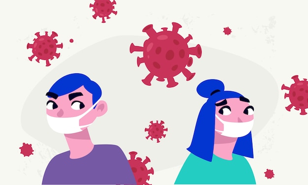 Illustrazione di una donna e un uomo in maschere protettive.