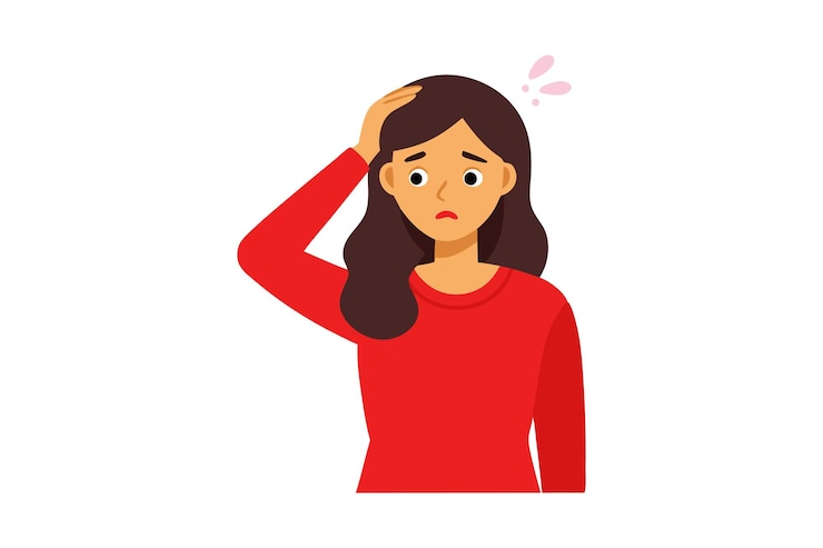Vettore illustrazione di una donna preoccupata con una camicia rossa con la mano sulla testa che esprime preoccupazione