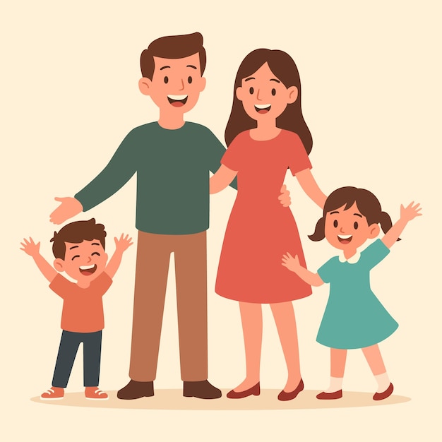 Illustrazione di una famiglia felice, genitori e figli sorridenti in un vettore a stile piatto