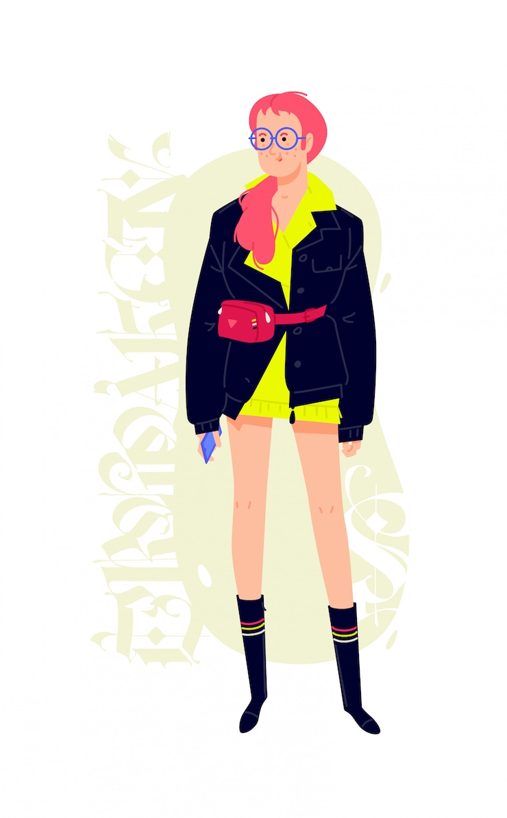 Vettore illustrazione di una giovane ragazza alla moda con un telefono.