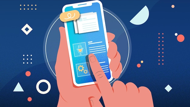 Illustrazione di una mano che tiene uno smartphone con varie icone di app che rappresentano la tecnologia mobile