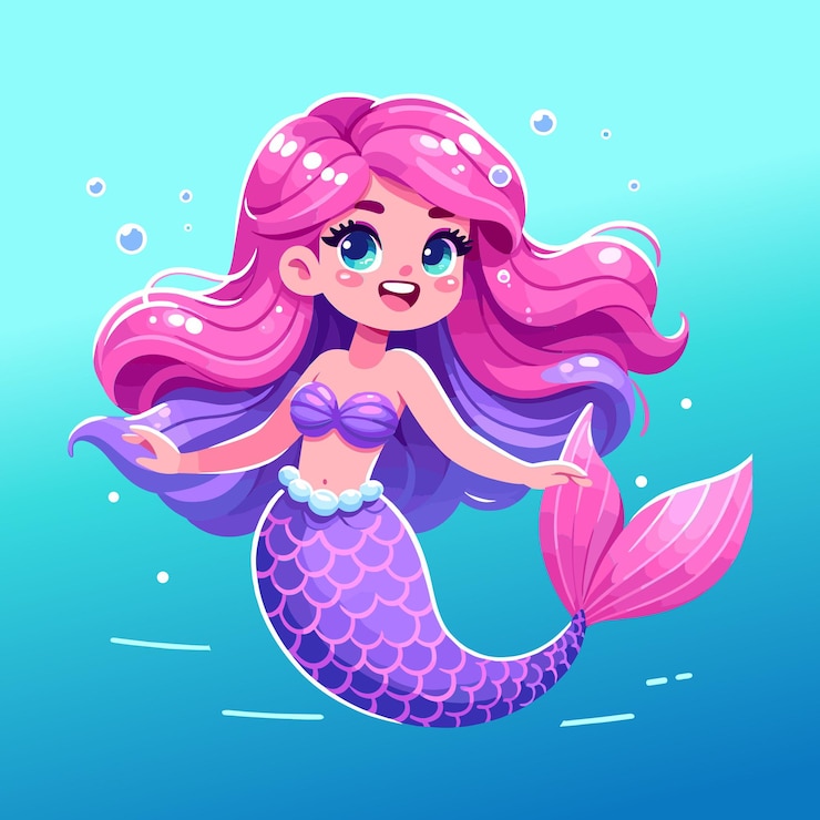 Vettore illustrazione di una piccola sirena con i capelli e la coda di fucsia con squame in toni viola