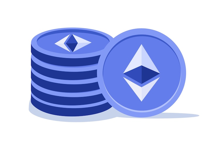 Vettore illustrazione di una pila di monete ethereum con il simbolo iconico di ethereum su sfondo bianco