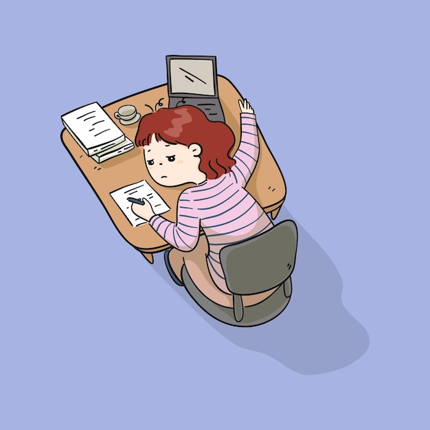 illustrazione di una ragazza di lavoro stanca sullo sfondo isolato