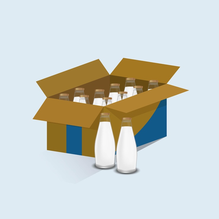 Vettore illustrazione di una scatola di bottiglie di vetro bianco per il latte