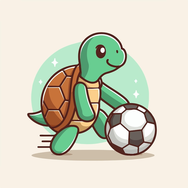 Vettore illustrazione di una tartaruga che gioca a palla con uno stile di cartone animato vettoriale piatto e il concetto di mascotte