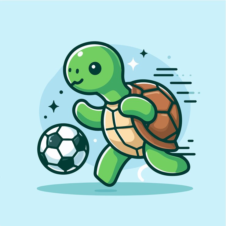 Vettore illustrazione di una tartaruga che gioca a palla con uno stile di cartone animato vettoriale piatto e il concetto di mascotte