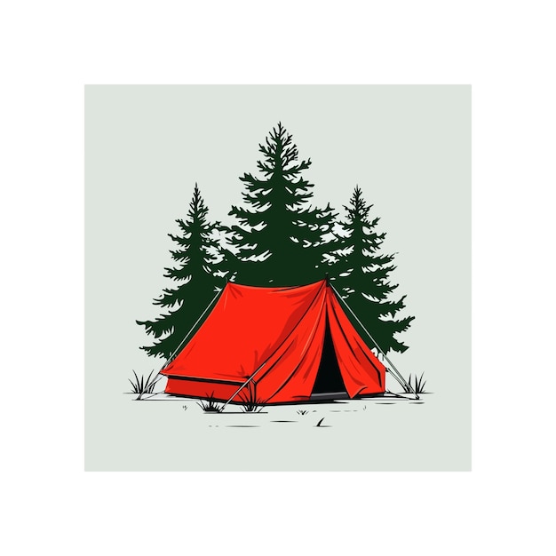Illustrazione di una tenda rossa di fronte agli alberi di pino