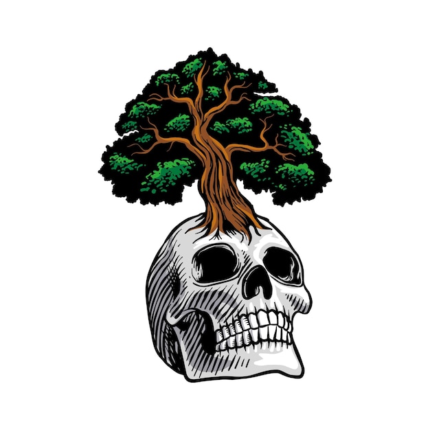 illustrazione di una testa di cranio con un albero in cima