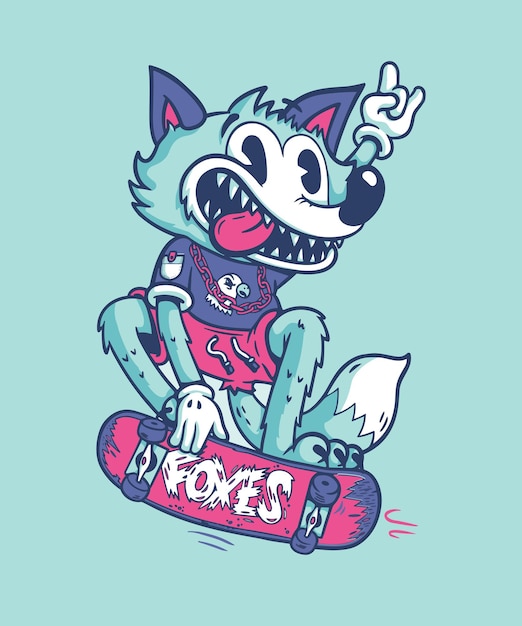 Illustrazione di una volpe su uno skateboard che fa gesti con le mani