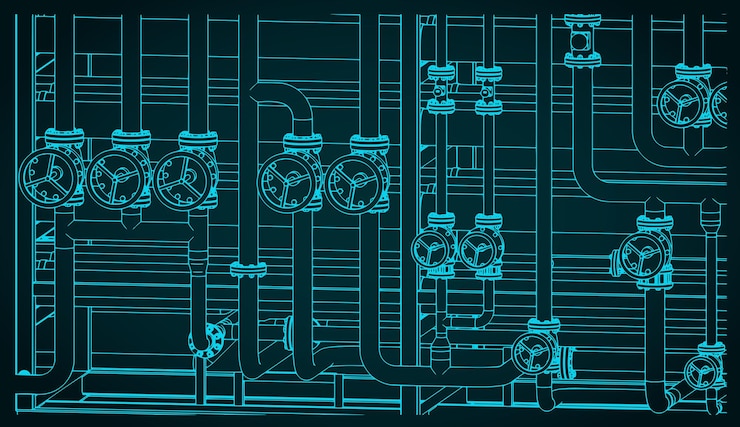 Vettore illustrazione di valvole e tubi industriali