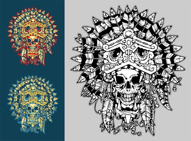 Illustrazione di vettore del cranio del tatuaggio del guerriero azteco