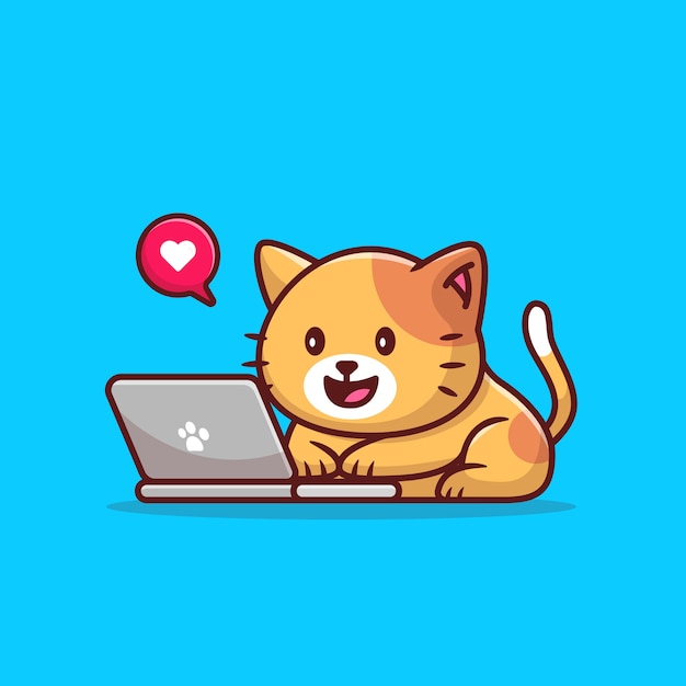 Illustrazione di vettore del fumetto del laptop operativo del gatto sveglio. Concetto di tecnologia animale isolato. Stile cartone animato piatto