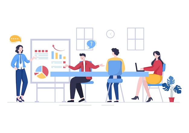 Illustrazione di vettore del fumetto di pianificazione di marketing di presentazione. Strategia del piano d'affari e riunione d'affari per realizzare il nuovo concetto di progetto