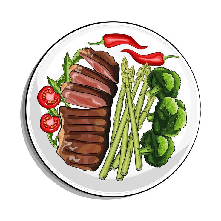 Vettore illustrazione di vettore del fumetto gustoso cena. bistecca di maiale alla griglia con verdure sulla vista dall'alto del piatto