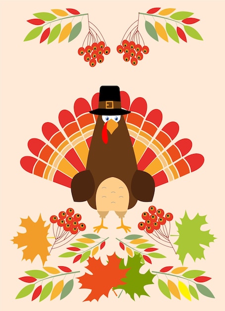 Illustrazione di vettore del manifesto di progettazione di stile piatto del giorno del ringraziamento felice con le foglie di autunno del testo della Turchia