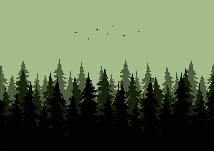 Vettore illustrazione di vettore del paesaggio delle foreste con una siluetta verde