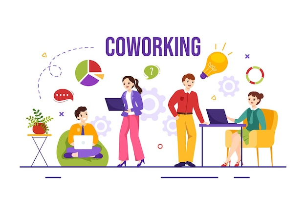 Illustrazione di vettore di affari di coworking con i colleghi che parlano e lavorano ai modelli dell'ufficio