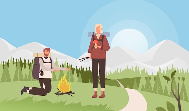 Illustrazione di vettore di avventura di viaggio falò. Cartoon uomo donna turista caratteri accendere il fuoco nel prato vicino alla foresta