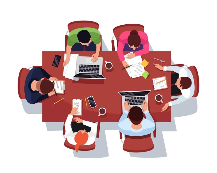 Vettore illustrazione di vettore di colore rgb semi piatto riunione d'affari. brainstorming nella sala conferenze dell'ufficio. i dipendenti aziendali maschi e femmine hanno isolato i personaggi dei cartoni animati su sfondo bianco