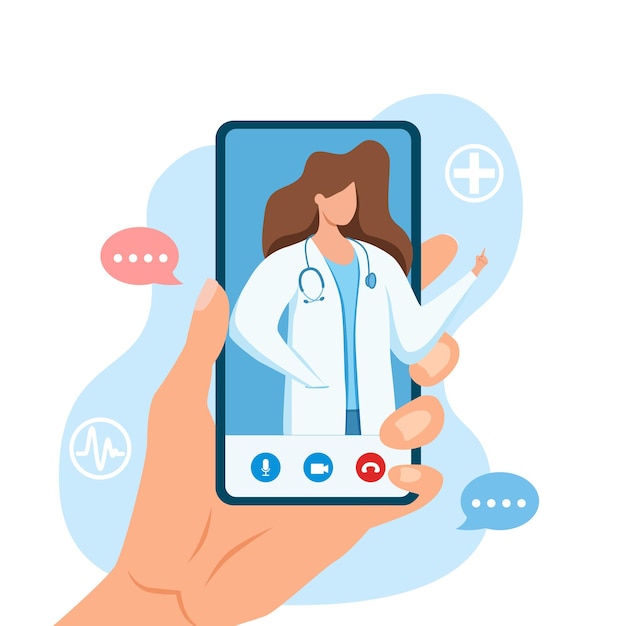 Illustrazione di vettore di consultazione medica medico online.