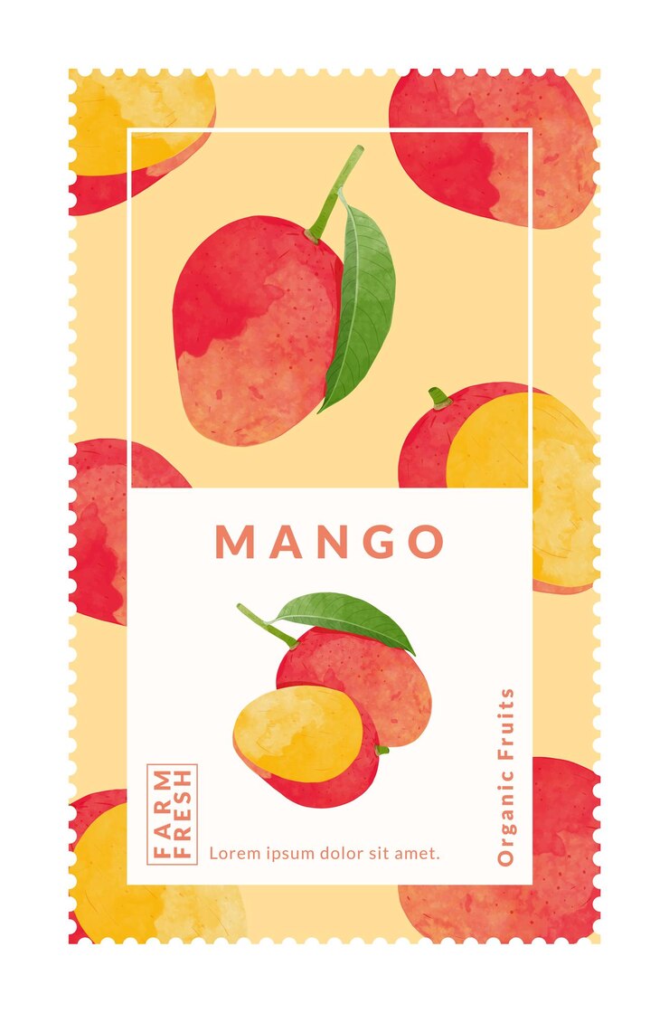 Vettore illustrazione di vettore di stile dell'acquerello dei modelli di progettazione dell'imballaggio del mango