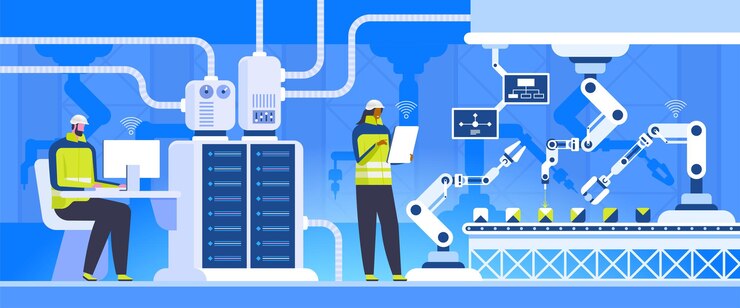 Illustrazione di vettore piatto di controllo di produzione. Ingegneri di produzione Tecnologie innovative