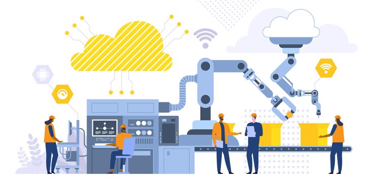 Vettore illustrazione di vettore piatto di produzione automatizzata. operai di fabbrica, ingegnere che lavora con personaggi dei cartoni animati del computer. processo di produzione, macchinari ad alta tecnologia. concetto di rivoluzione industriale