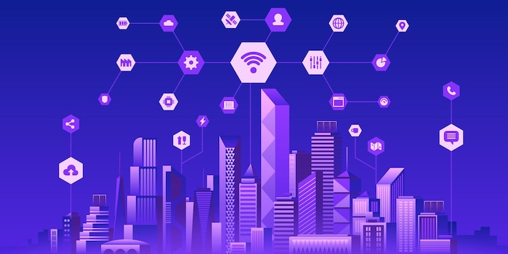 Vettore illustrazione di vettore piatto futuristico città intelligente. moderna tecnologia online, rete di informazioni wireless, griglia digitale, concetto iot. icone di internet e paesaggio urbano urbano. infrastruttura intelligente