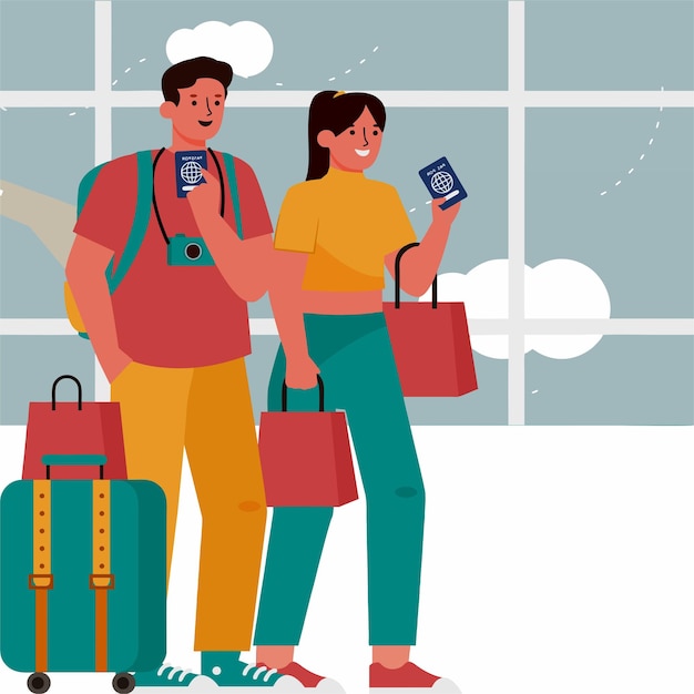illustrazione di viaggiare con lo sfondo dell'aeroporto
