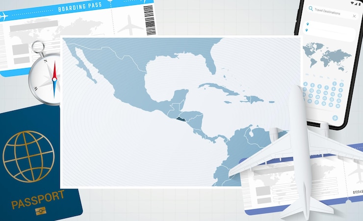 Vettore illustrazione di viaggio in el salvador con una mappa di el salvador sfondo con bussola e biglietti per passaporto e telefono cellulare in aereo