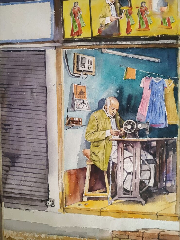 Vettore illustrazione dipinta di blu casa, disegnata a mano colorata