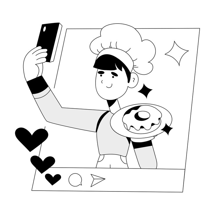 Vettore illustrazione disegnata a mano accattivante di cucinare selfie