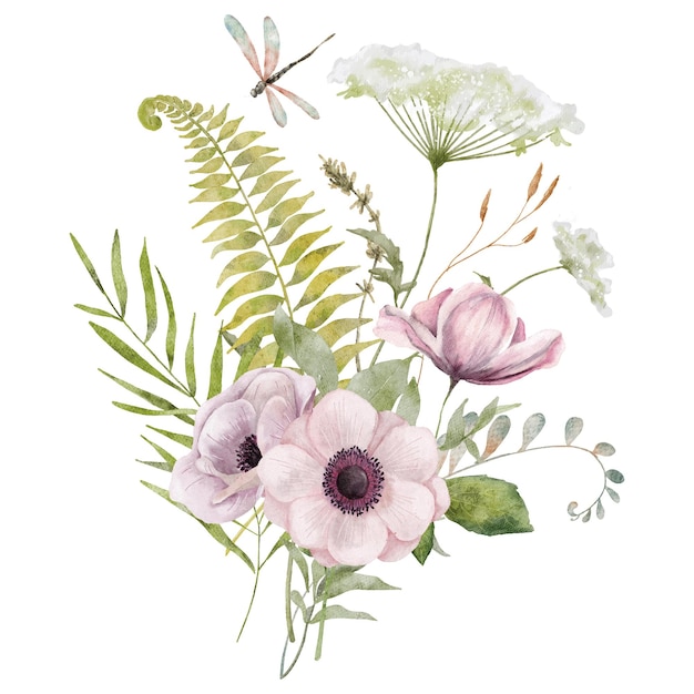 Illustrazione disegnata a mano botanica del mazzo dell'acquerello dei fiori selvaggi