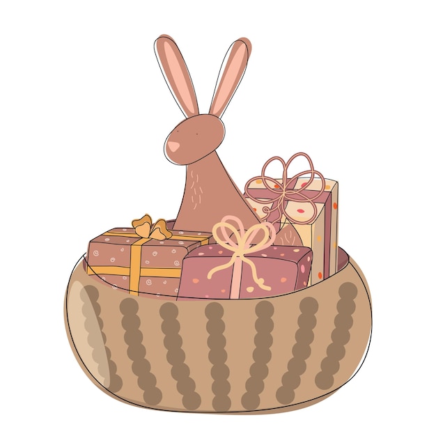Illustrazione disegnata a mano con cesto regalo e coniglietto in colori pastello Baby clipart